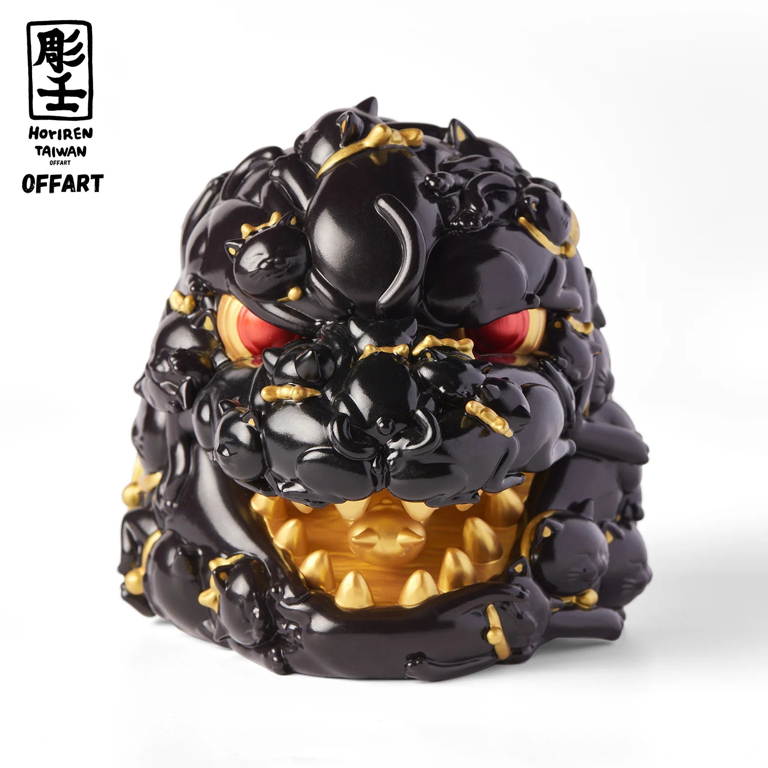 OFFART X Horiren Red Flame Hundred Cats Mini Fortune Head Statue - Black Gold Bust
