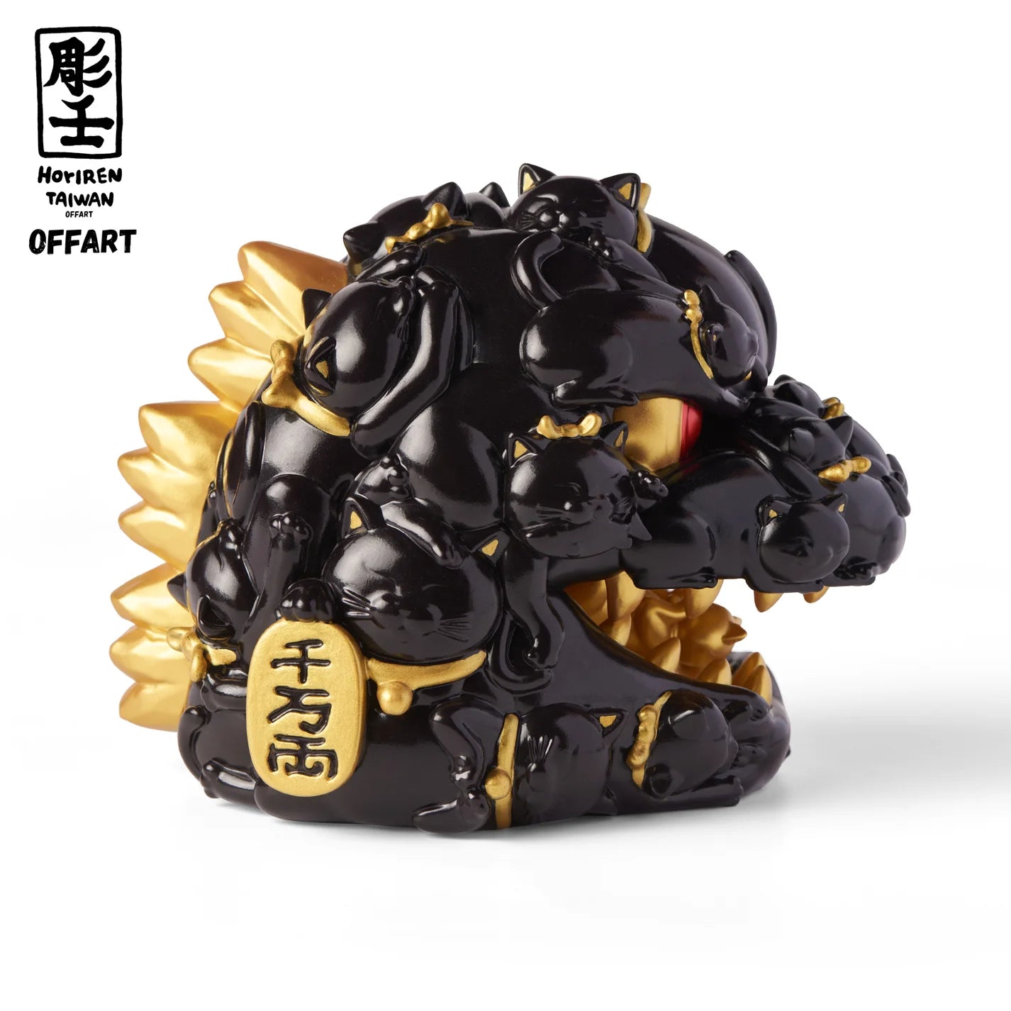 OFFART X Horiren Red Flame Hundred Cats Mini Fortune Head Statue - Black Gold Bust